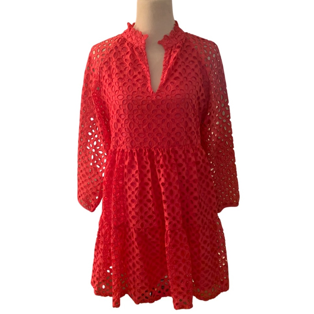 TIERED POPOVER DRESS IN EMBROIDERED EYELET